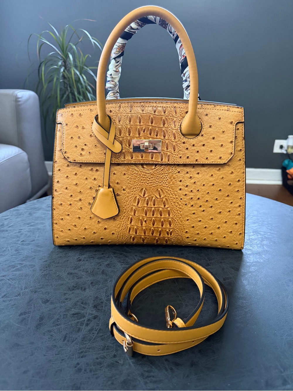 Yellow Faux-Ostrich Top-Handle Satchel - Unbranded